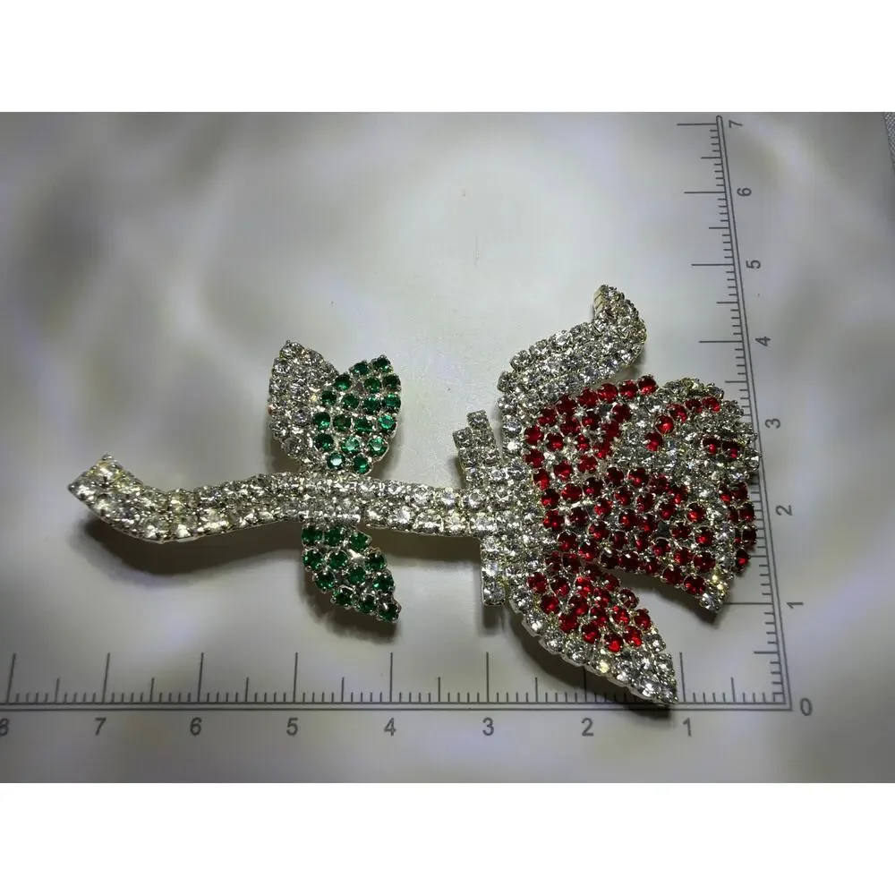 Large Red Rose Brooch Clear Red Green Rhinestones Silver Tone Flower Pin VTG